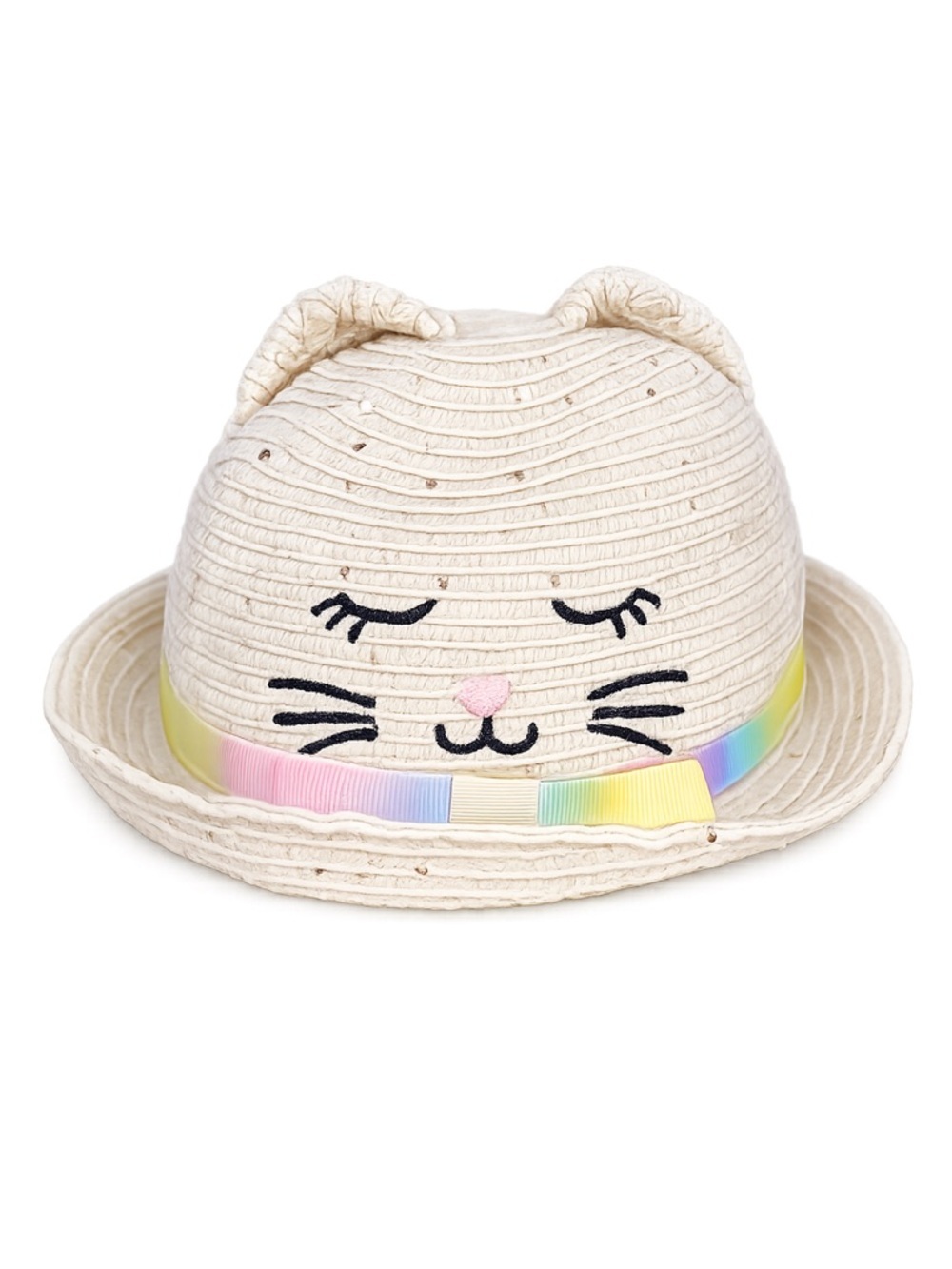 🆓 $0 WITH PURCHASE - 🐱 Toddler Girl Cat Straw Sun Hat Neutral Woven One Size